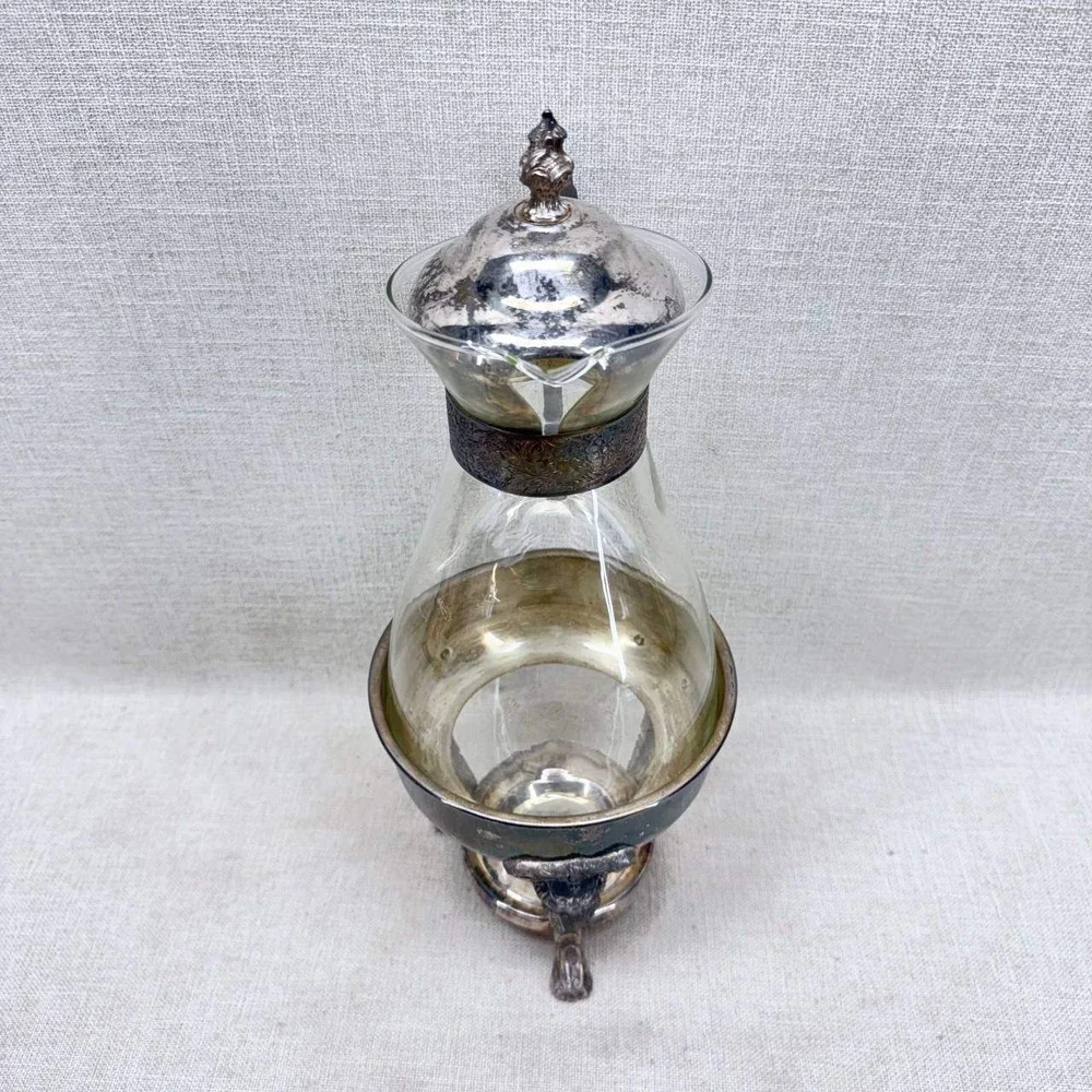Sheridan Silver Plated Glass Coffee Carafe Decanter with Warmer Stand Vintage